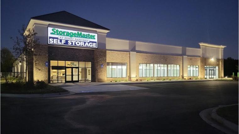 Self-storage facility exterior lighting at night