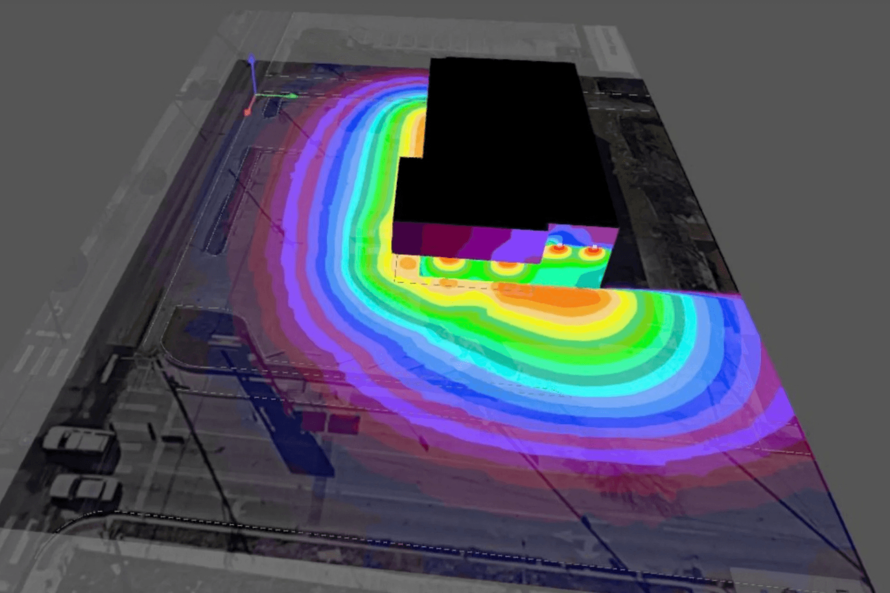 Iso-footcandle contour drawing showing illumination levels around a building
