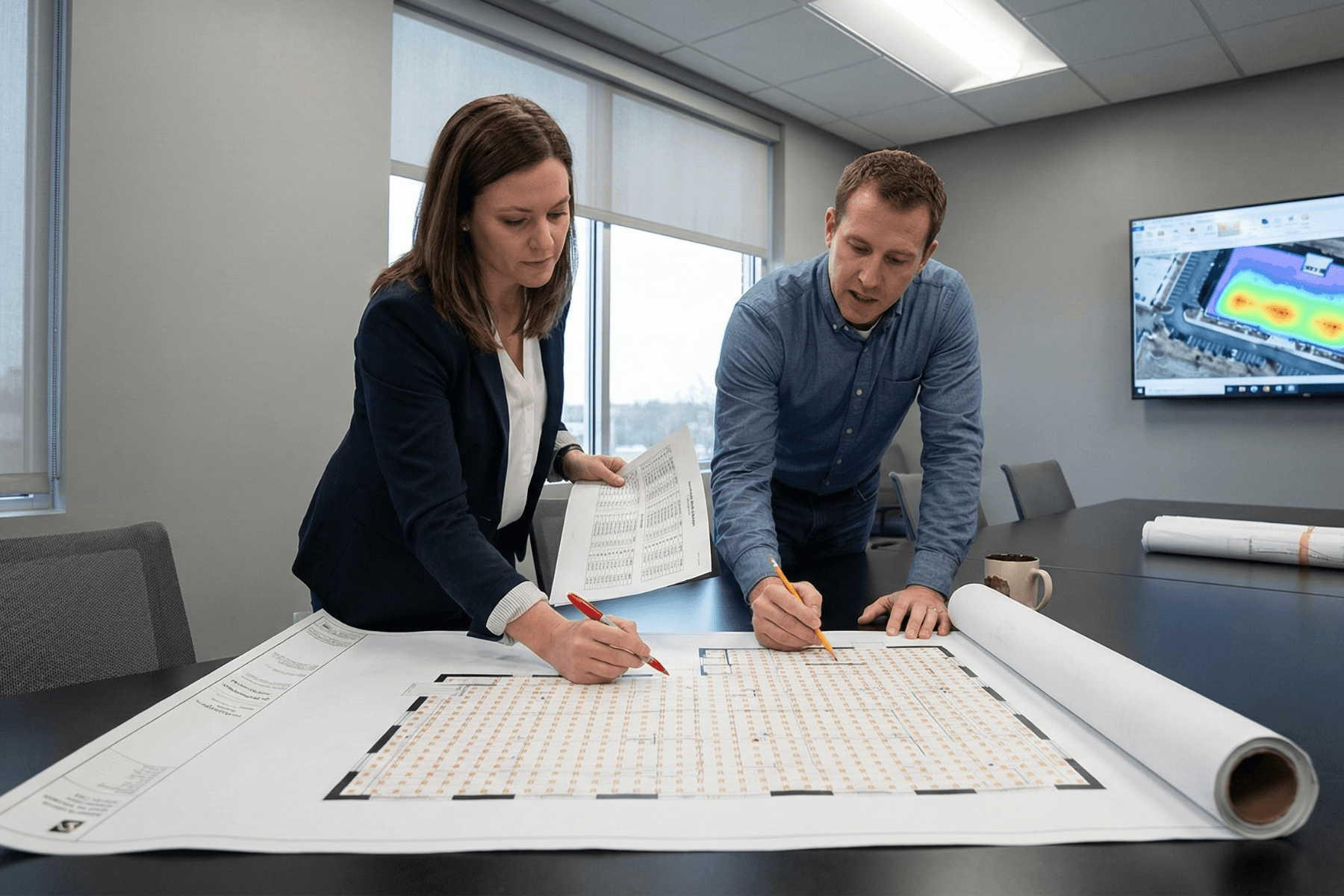 Photometric design team reviewing plans and calculations